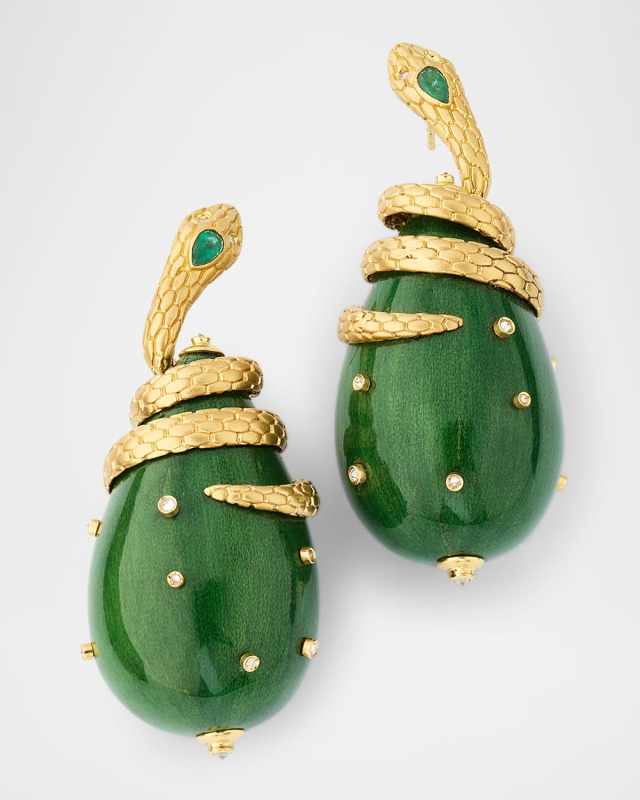 Green-Lacquered Teardrop Marquetry Earrings with Diamonds and Emeralds
